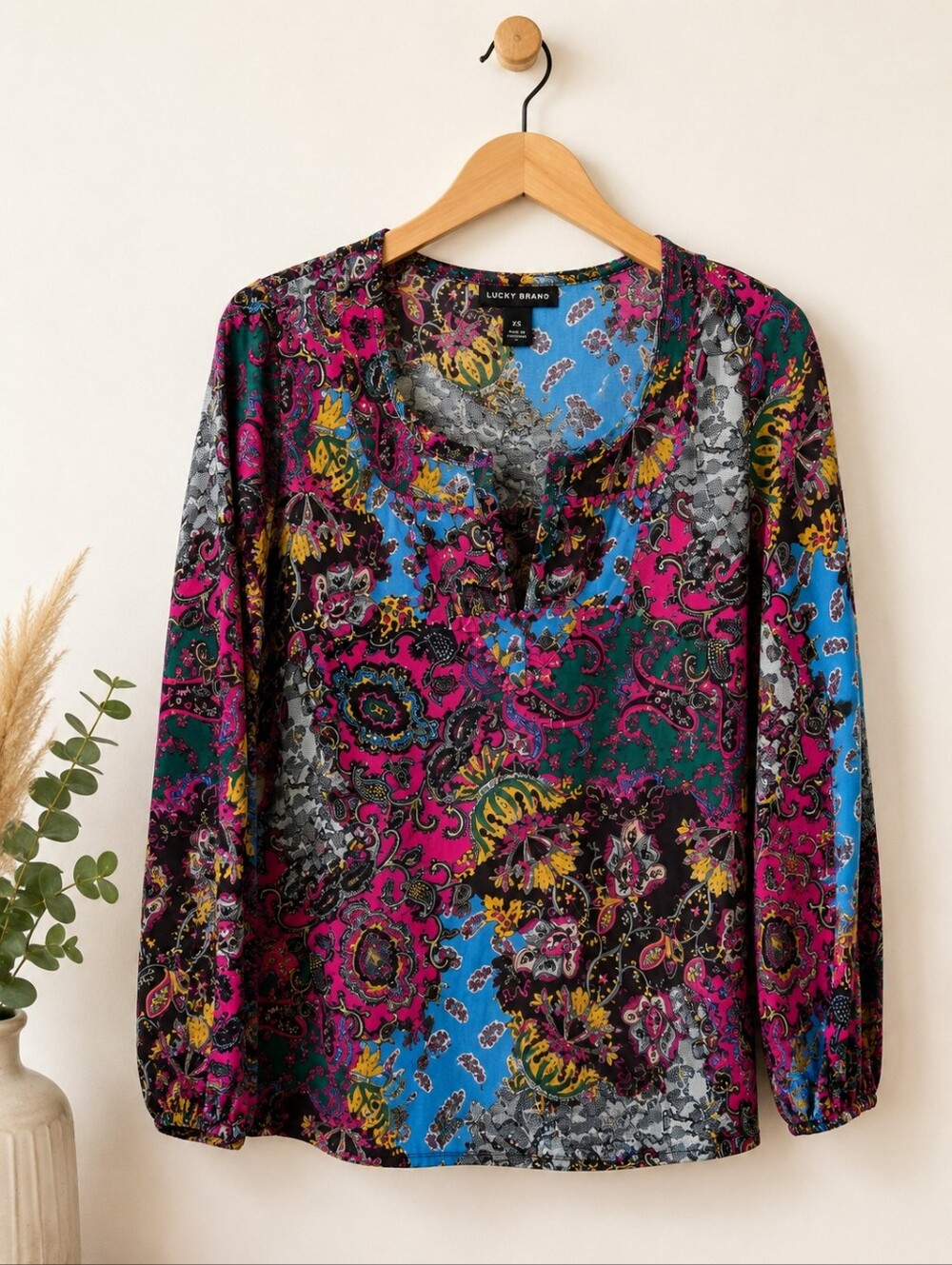 Lucky Brand XS Boho Paisley Floral Cotton Peasant Top Pink Blue - Picture 2 of 13